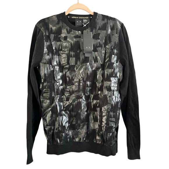 ARMANI EXCHANGE Black Abstract Brushstroke Cotton Top Shirt Men’s Sz Medium NWT - Picture 1 of 5